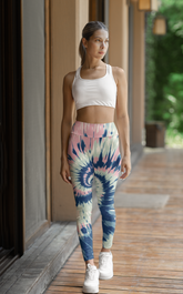 Women’s Tie-Dye Spiral Gym Leggings – Pink, Navy & Cream High-Waist Yoga Pants | Boho Workout Wear, with Pocket